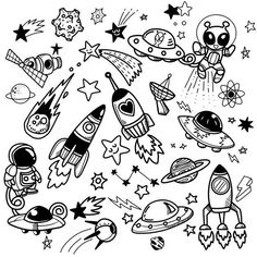 black and white space doodles with stars, planets, rockets, rocket ships