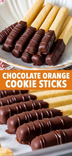 chocolate orange cookie sticks on a white plate