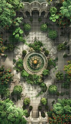 an aerial view of a courtyard with trees and plants on it's sides, looking down at the ground