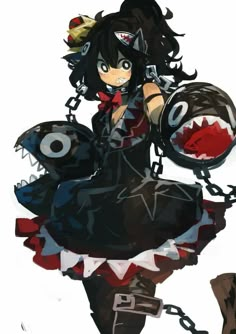 an anime character with chains around her neck and mouth, holding a ball in one hand