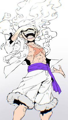 a drawing of a man with his hair blowing in the wind while wearing a purple belt