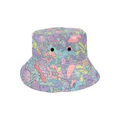 Bucket Hat, Blue Pink Bucket hat, Hippie Hat, Mushroom Print Hat, Multicolor Hat, Cute hat, Kawaii Hat, Kawaii Print Hat, Kawaii Bucket hat Handmade to order. Designed in California. hand sewn overseas. A unisex bucket hat I designed for those who loves mushrooms. It is just too adorable in pastel mushrooms pattern print. Perfect to wear at the beach, hiking or simply wear it for fun as an everyday sun protection! Material: 100% Polyester Weight: 8.82 Oz Size: The circumference inside the hat: 2 Retro Pink Wide Brim Hat, Cute Adjustable Mini Hats With Curved Brim, Cute Adjustable Mini Hat With Curved Brim, Casual Multicolor Brimmed Hat, Cute Adjustable Multicolor Mini Hats, Cute Multicolor Cap, Cute Multicolor Brimmed Hat, Trendy Brimmed Hats For Festivals, Playful Pink Festival Hat