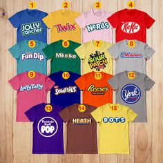 various t - shirts with the names and numbers printed on them, all in different colors