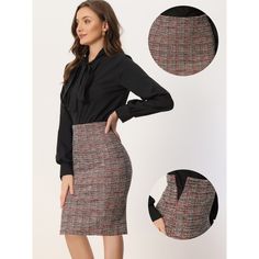 This tweed skirt is detailed with a plaid pattern to add some vintage vibe and build a smart and casual look. A straight waist design shows your graceful and charming figure, bringing you a trendy and attractive look. Good to complete the graceful look with a blouse, crop top, tee shirt, blazer, boots, high heels, and other fashion items. Office Pencil Skirt, Halloween Plaid, Blouse Crop Top, Blouse Crop, Boots High, Tweed Skirt, Tweed Fabric, Vintage Vibe, Fashion Items