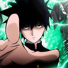 an anime character holding his arm up in front of green and black background with lightnings