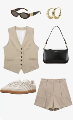 a woman's outfit and accessories including shoes, sunglasses, handbag