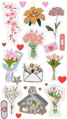 various stickers with flowers and hearts on the top one is for valentine's day