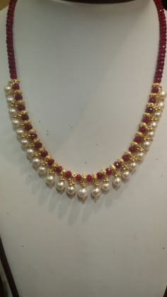 Necklace Red Pearl Necklace Gold, Simple Necklace Designs For Saree, Ruby And Pearl Necklace, Rubies Jewelry Necklaces Beads, Ruby Necklace Designs Gold, Ruby Jewelry Necklaces Gold, Red Pearl Necklace, Ruby Necklace Designs