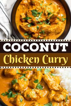 coconut chicken curry in a bowl with rice and cilantro