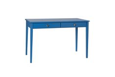 a blue desk with two drawers on top and one drawer at the bottom, against a white background