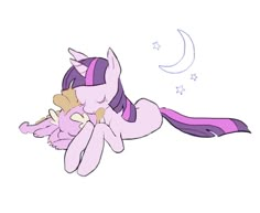 an image of a pink pony laying on its back with stars and moon in the background