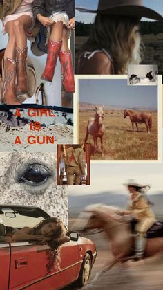 a collage of photos with horses, cowboy boots and other things