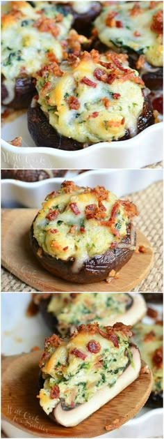 three different views of stuffed mushrooms with cheese and bacon on them, one in the middle