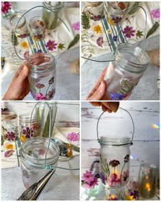 four pictures show how to put flowers in mason jars and fill them with water or other things