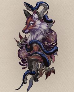 an animal with horns and flowers on it's head is depicted in this tattoo design