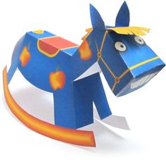 an origami horse is shown in blue and orange, with yellow details on its body