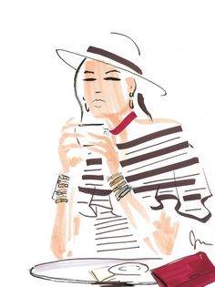 a drawing of a woman sitting at a table with a red purse on top of it