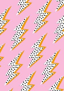 a pink background with black and white polka dots and lightning bolt shapes on the bottom