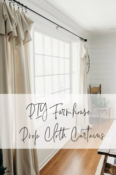 a living room with white walls and wood flooring is featured in the article diy farmhouse style prop - offa curtains