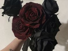 a person's arm with black and red roses on it