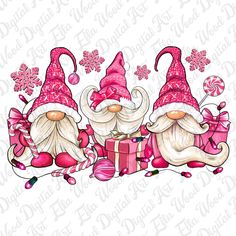 three gnomes with pink hats and gifts