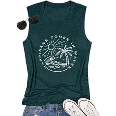 PRICES MAY VARY. ☀️Comfy Fabric🌊: This summer beach tank tops is made of cotton blend fabric,which makes you feel lightweight,casual,stretchy and breathable,giving you have a comfortable wearing experience.and can be worn all year round! ☀️Features🌊: Happiness comes in waves letter shirts,sun coconut tree waves graphic tees,funny saying letter print tops,tropical tees surfing lover gift shirts,summer tank tops,beach sleeveless shirts tops,hawaiian themed tank tops,basic crew neck tank tops,cas Waves Graphic, Sunshine Graphic, Beach Tops Summer, Vacation Tops, Sleeveless Shirts, Here Comes The Sun, Shirts Summer, Coconut Tree, Summer Tank