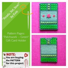 the instructions for how to make a needle - sewn patchwork green gift card holder