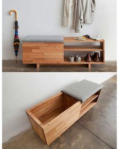 the bench is made out of wood and has two compartments for shoes to sit on