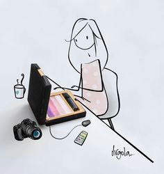 a drawing of a woman sitting at a desk with her laptop and camera next to it