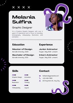 a professional resume for graphic designer with purple accents on the front and black back cover