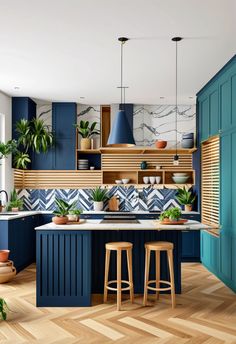 #USAStyleKitchen #WoodenPartition #OpenKitchenDesign #NaturalDecor #ColorfulAccents This USA-inspired kitchen with a wooden slat divider balances an open concept with a cozy, defined feel. Navy-blue cabinetry and marble counters exude elegance, while greenery and colorful accents bring warmth, creating a charming, functional space for family gatherings. Slat Divider, Marble Counters, Navy Kitchen, Wooden Partitions