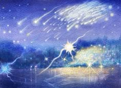 watercolor painting of fireworks and stars in the night sky over a body of water