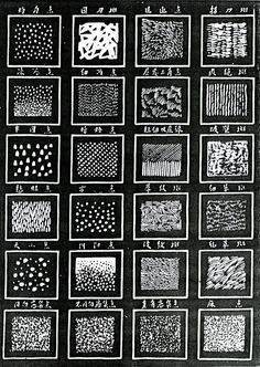 a black and white poster with many different patterns