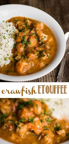 two pictures with different types of food in them and the words crawfish etouffe