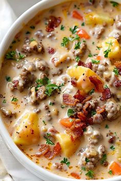 a white bowl filled with meat and potato soup