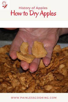 a person is picking up some food from a pile with text overlay that reads history of apples how to dry apples