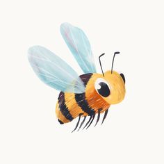 a drawing of a bee flying in the air with its wings spread out and eyes wide open