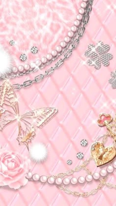 a pink background with pearls, flowers and butterflies on the bottom right corner is an image of a necklace that has been made to look like a butterfly