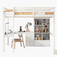 a white bunk bed with desk and chair next to it on top of a white floor