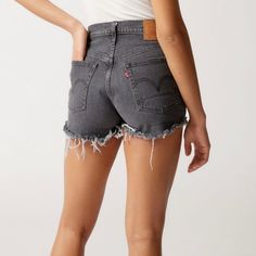 Like Brand New. Dark Grey/Washed Black Gray Mid-rise Bottoms With Frayed Hem, Gray Cutoff Jean Shorts For Spring, Spring Gray Cutoff Jean Shorts, Casual Gray Cutoff Bottoms, Gray Cotton Cutoff Bottoms, Grey Denim Shorts, Dark Grey Color, Levi’s 501, Grey Wash