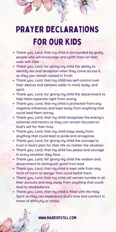 a prayer card with flowers and the words prayer declarations for our kids