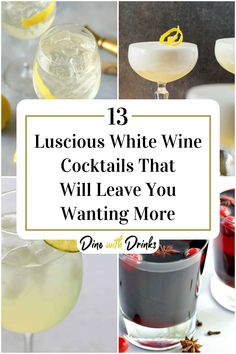 Collage of 4 white wine cocktails. Cocktails With White Wine, White Wine Drinks Cocktails, Cocktail With Wine, Drinks With White Wine, Ice Wine Cocktails, White Wine Mixed Drinks, Wine Cocktails No Liquor, White Wine Drink Recipes, Riesling Wine Cocktails