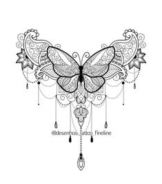 a black and white drawing of a butterfly with intricate designs on it's wings