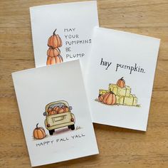 two greeting cards with pumpkins on them and the words happy fall y'all