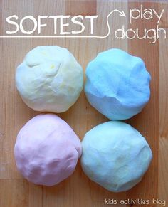 three play doughs sitting on top of a wooden table with the words softest play dough