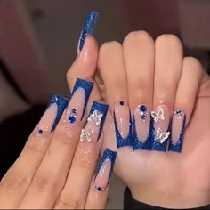 24pcs Glossy Blue Edge French Tip Press On Nails With Rhinestone And Silver Butterfly Charms - Long Ballerina Fake Nails For Women And Girls Long Press On Nails, Striped Nails, Blue Nail, Stick On Nails, Prom Nails, Nail Arts, Artificial Nails, Long Acrylic Nails