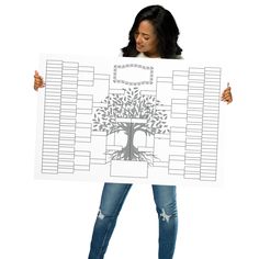 a woman holding up a family tree poster