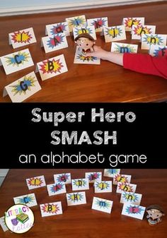 an alphabet game for children to play with the letters and numbers on them, which are super hero smash