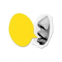 a yellow speech bubble next to a black and white drawing of a man's face