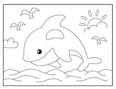 a dolphin jumping out of the water with birds in the background coloring page for kids